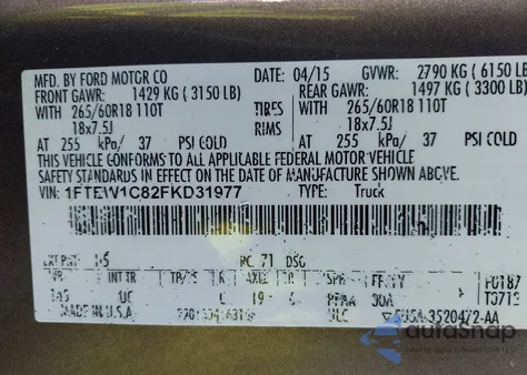 2015 Ford F-150 Xlt from USA, damaged, VIN 1FTEW1C82FKD31977